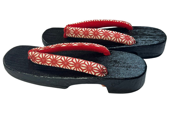 Japanese Women's Wooden Geta Sandals, Size 9–10.5 US / 25.5–26.5 cm, Traditional Red Asanoha Pattern Straps