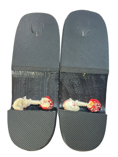 Japanese Women's Wooden Geta Sandals, Size 9–10.5 US / 25.5–26.5 cm, Traditional Red Asanoha Pattern Straps