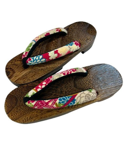 Japanese Women's Traditional Wooden Geta Sandals with Colorful Floral Straps, Size 8–9.5 US / 24.5–25.5 cm