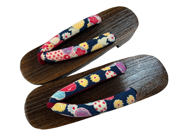 Japanese Women's Traditional Wooden Geta Sandals with Colorful Floral Navy Straps, Size M-L