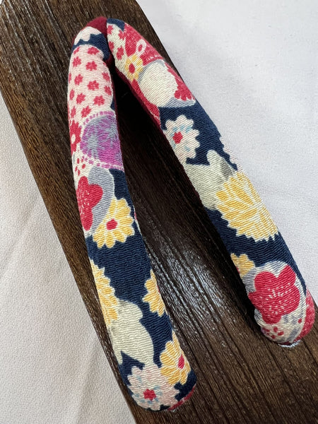 Japanese Women's Traditional Wooden Geta Sandals with Colorful Floral Navy Straps, Size M-L