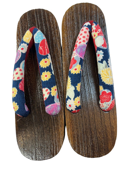Japanese Women's Traditional Wooden Geta Sandals with Colorful Floral Navy Straps, Size M-L