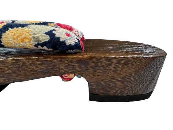 Japanese Women's Traditional Wooden Geta Sandals with Colorful Floral Navy Straps, Size M-L