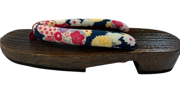 Japanese Women's Traditional Wooden Geta Sandals with Colorful Floral Navy Straps, Size M-L