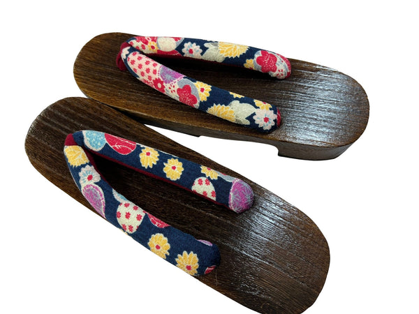 Japanese Women's Traditional Wooden Geta Sandals with Colorful Floral Navy Straps, Size M-L