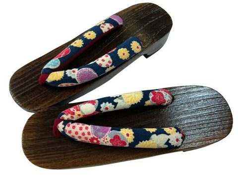 Japanese Women's Traditional Wooden Geta Sandals with Colorful Floral Navy Straps, Size M-L