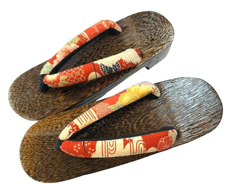 Japanese Women's Traditional Wooden Geta Sandals with Crimson Kimono Straps, Size S-M