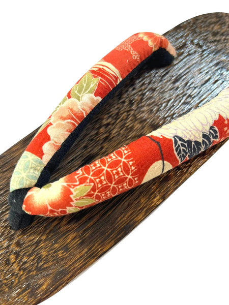 Japanese Women's Traditional Wooden Geta Sandals with Crimson Kimono Straps, Size S-M