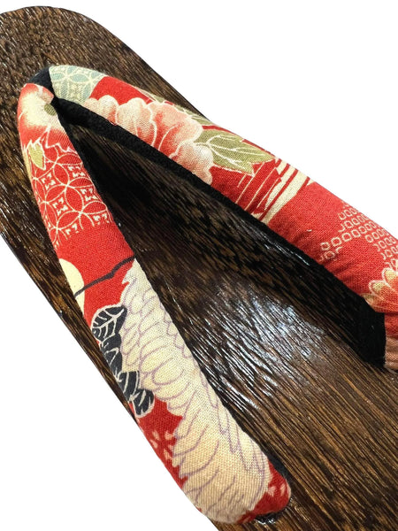 Japanese Women's Traditional Wooden Geta Sandals with Crimson Kimono Straps, Size S-M