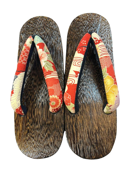 Japanese Women's Traditional Wooden Geta Sandals with Crimson Kimono Straps, Size S-M