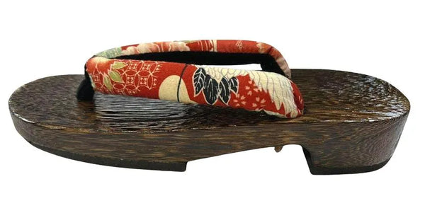 Japanese Women's Traditional Wooden Geta Sandals with Crimson Kimono Straps, Size S-M