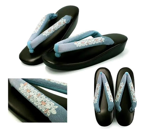 Japanese Floral Embroidered Zori Sandals: Light Blue Kimono Shoes, Japanese Geta Style