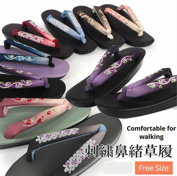 Japanese Floral Embroidered Zori Sandals: Light Blue Kimono Shoes, Japanese Geta Style