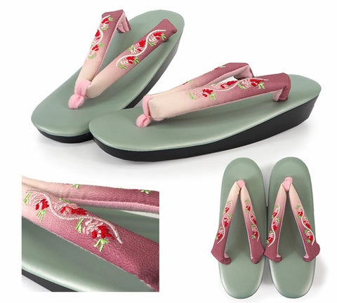 Japanese Floral Embroidered Zori Sandals: Light Pink Lavender Kimono Shoes