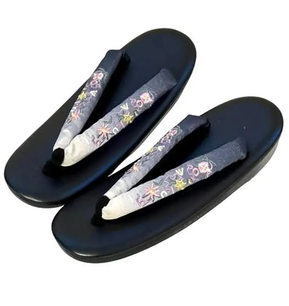 Japanese Floral Embroidered Zori Sandals: Dark Gray Traditional Kimono Shoes