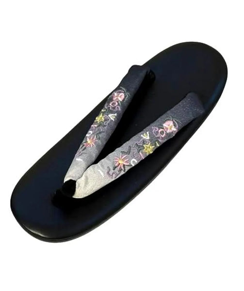 Japanese Floral Embroidered Zori Sandals: Dark Gray Traditional Kimono Shoes