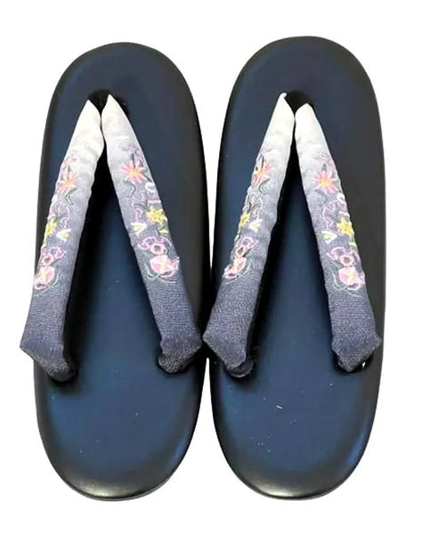 Japanese Floral Embroidered Zori Sandals: Dark Gray Traditional Kimono Shoes
