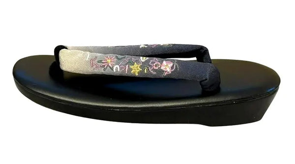 Japanese Floral Embroidered Zori Sandals: Dark Gray Traditional Kimono Shoes