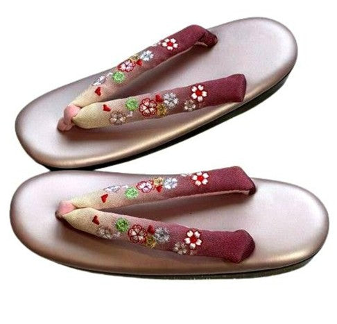 Japanese Floral Embroidered Zori Sandals: Pink Traditional Kimono Shoes