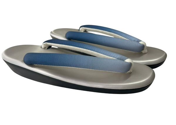 Japanese Kimono Zori Sandals – Silver with Blue Thong Strap | Lightweight Waterproof Sole