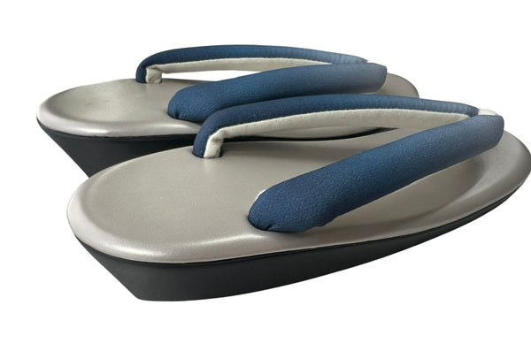 Japanese Kimono Zori Sandals – Silver with Blue Thong Strap | Lightweight Waterproof Sole