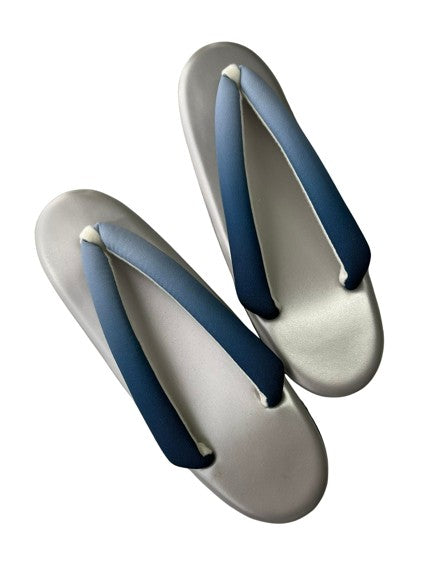 Japanese Kimono Zori Sandals – Silver with Blue Thong Strap | Lightweight Waterproof Sole