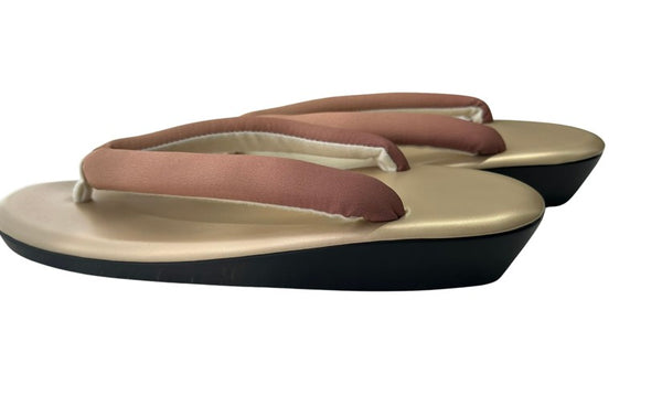 Japanese Kimono Zori Sandals – Gold with Pink Beige Thong Strap | Lightweight Waterproof Sole