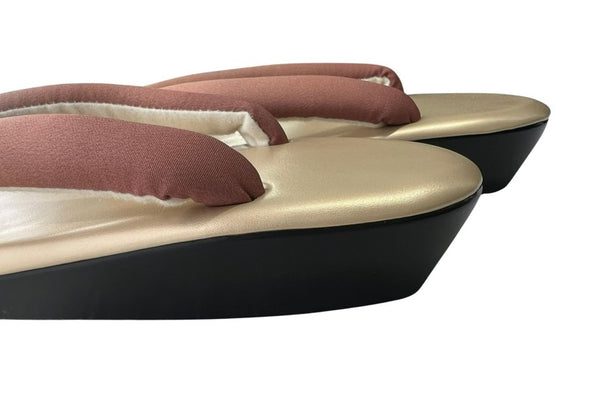 Japanese Kimono Zori Sandals – Gold with Pink Beige Thong Strap | Lightweight Waterproof Sole