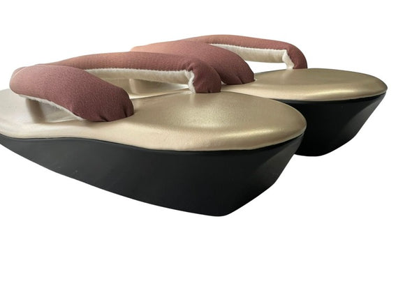 Japanese Kimono Zori Sandals – Gold with Pink Beige Thong Strap | Lightweight Waterproof Sole