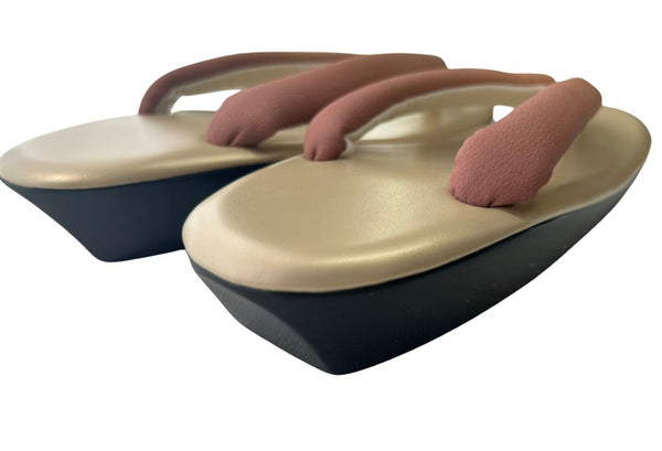 Japanese Kimono Zori Sandals – Gold with Pink Beige Thong Strap | Lightweight Waterproof Sole
