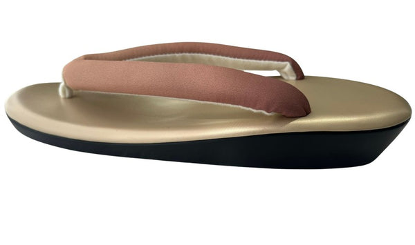 Japanese Kimono Zori Sandals – Gold with Pink Beige Thong Strap | Lightweight Waterproof Sole