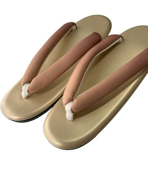 Japanese Kimono Zori Sandals – Gold with Pink Beige Thong Strap | Lightweight Waterproof Sole