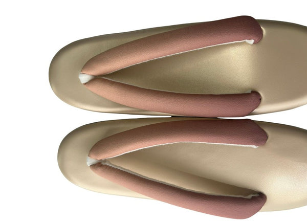 Japanese Kimono Zori Sandals – Gold with Pink Beige Thong Strap | Lightweight Waterproof Sole