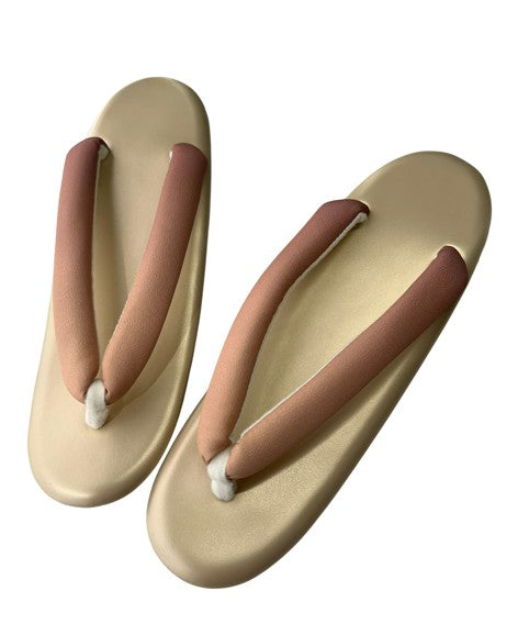 Japanese Kimono Zori Sandals – Gold with Pink Beige Thong Strap | Lightweight Waterproof Sole