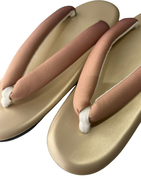Japanese Kimono Zori Sandals – Gold with Pink Beige Thong Strap | Lightweight Waterproof Sole