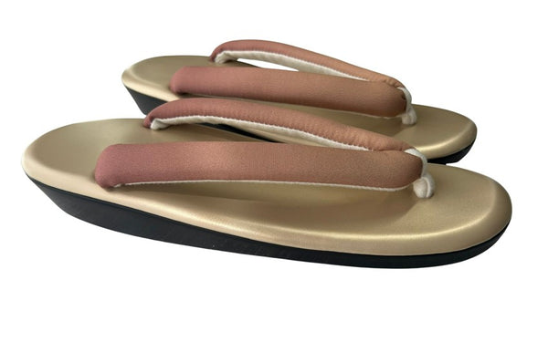 Japanese Kimono Zori Sandals – Gold with Pink Beige Thong Strap | Lightweight Waterproof Sole