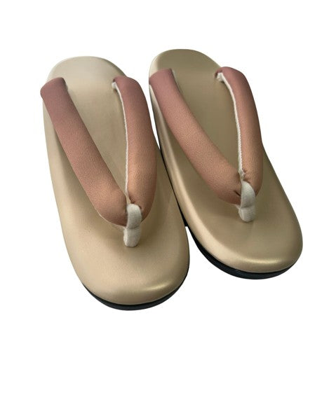 Japanese Kimono Zori Sandals – Gold with Pink Beige Thong Strap | Lightweight Waterproof Sole