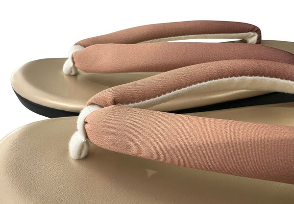 Japanese Kimono Zori Sandals – Gold with Pink Beige Thong Strap | Lightweight Waterproof Sole