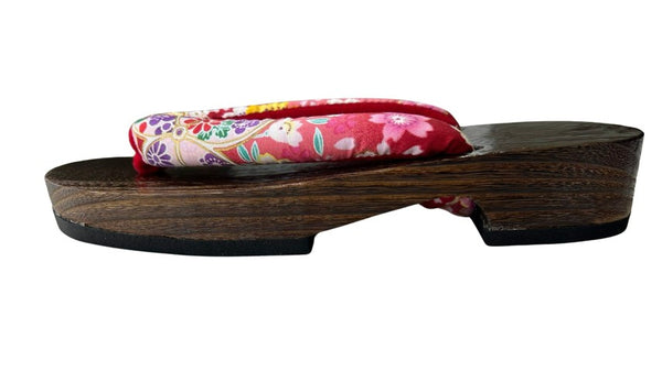 Japanese Women's Traditional Wooden Geta Sandals – Dark Wood with Pink Floral Thong Straps, Size 7.5