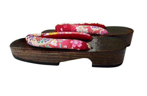Japanese Women's Traditional Wooden Geta Sandals – Dark Wood with Pink Floral Thong Straps, Size 7.5