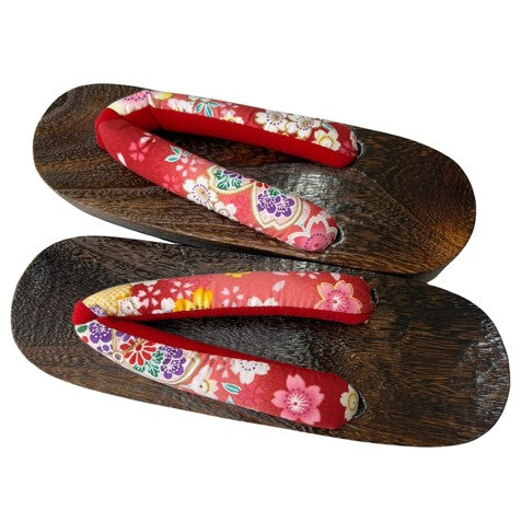 Japanese Women's Traditional Wooden Geta Sandals – Dark Wood with Pink Floral Thong Straps, Size 7.5