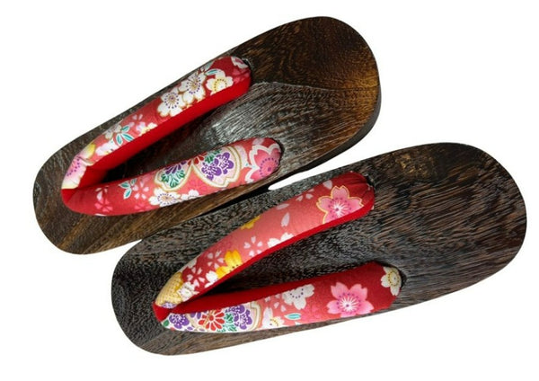 Japanese Women's Traditional Wooden Geta Sandals – Dark Wood with Pink Floral Thong Straps, Size 7.5