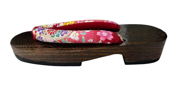 Japanese Women's Traditional Wooden Geta Sandals – Dark Wood with Pink Floral Thong Straps, Size 7.5