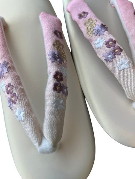 Japanese Zori Sandals – Pink Gradation with Floral Embroidered Straps, Women's Kimono Footwear