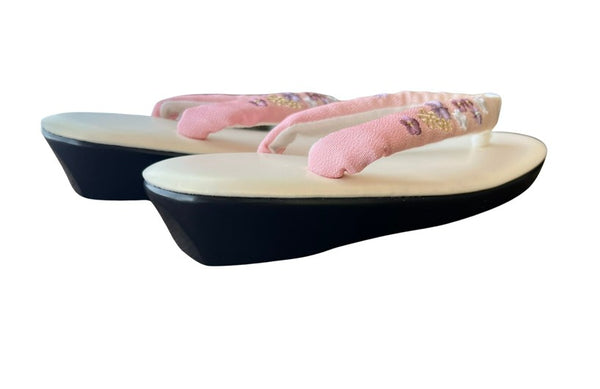 Japanese Zori Sandals – Pink Gradation with Floral Embroidered Straps, Women's Kimono Footwear