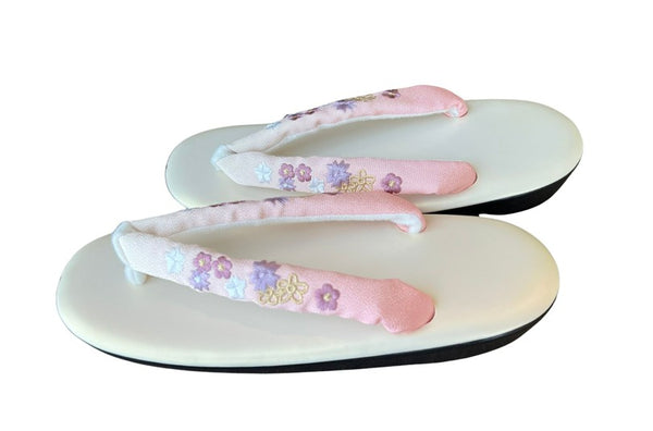 Japanese Zori Sandals – Pink Gradation with Floral Embroidered Straps, Women's Kimono Footwear