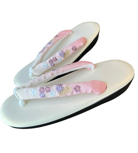 Japanese Zori Sandals – Pink Gradation with Floral Embroidered Straps, Women's Kimono Footwear