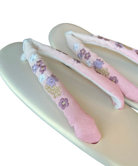 Japanese Zori Sandals – Pink Gradation with Floral Embroidered Straps, Women's Kimono Footwear