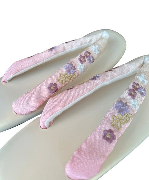 Japanese Zori Sandals – Pink Gradation with Floral Embroidered Straps, Women's Kimono Footwear