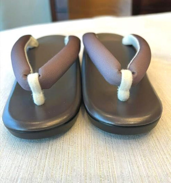 Japanese Kimono Zori Sandals – Brown Faux Leather | Lightweight Waterproof Sole, Size 8